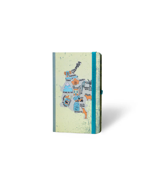Sketchbook Alpen 12×20 cm con tapa dura ilustrada de mapa de Colombia, banda elástica azul y 84 hojas blancas.