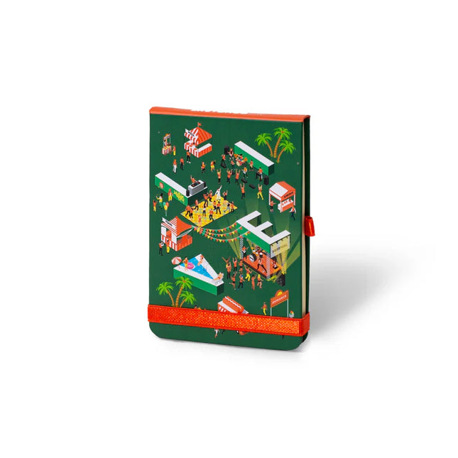 Sketchbook Alpen de bolsillo 13×9 cm con tapa dura ilustrada con escena musical festiva, banda elástica roja y 84 hojas blancas.