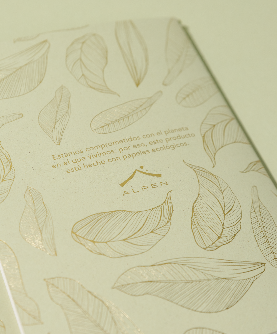 Detalle posterior Libreta Econotas Alpen 15×21 cm verde con estampado de hojas en foil dorado y 32 hojas ecológicas cosidas en hilo.