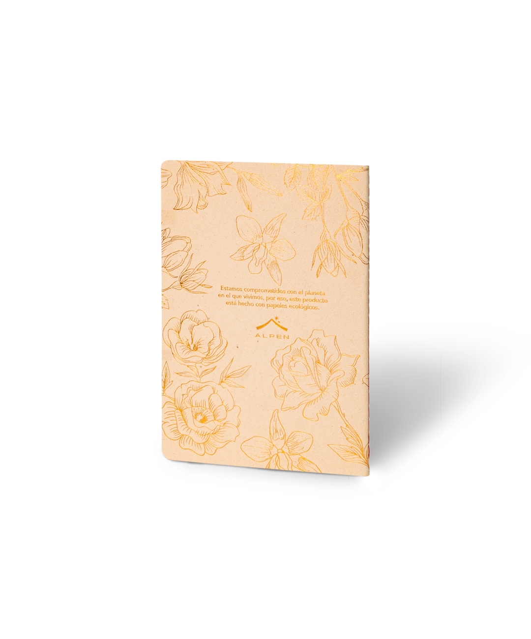 Contraportada Libreta Econotas Alpen 15×21 cm color arena con estampado en foil dorado y 32 hojas ecológicas cosidas en hilo.
