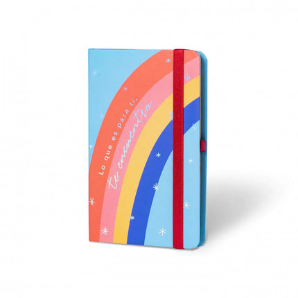 Portada Sketchbook Alpen 12×20 cm tapa dura con diseño arcoíris y frase “Lo que es para ti, te encuentra”, banda elástica roja y 84 hojas blancas.