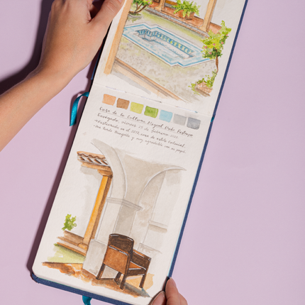 Sketchbook Alpen Acuarela 22×14 cm color gris, tapa dura con banda elástica, 24 hojas de 300 g con 60% algodón para técnicas húmedas.