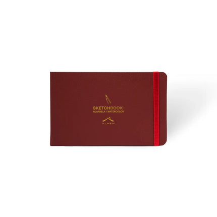 Portada Sketchbook Alpen Acuarela 22×14 cm color vinotinto, tapa dura con banda elástica roja, 24 hojas de 300 g para técnicas húmedas.