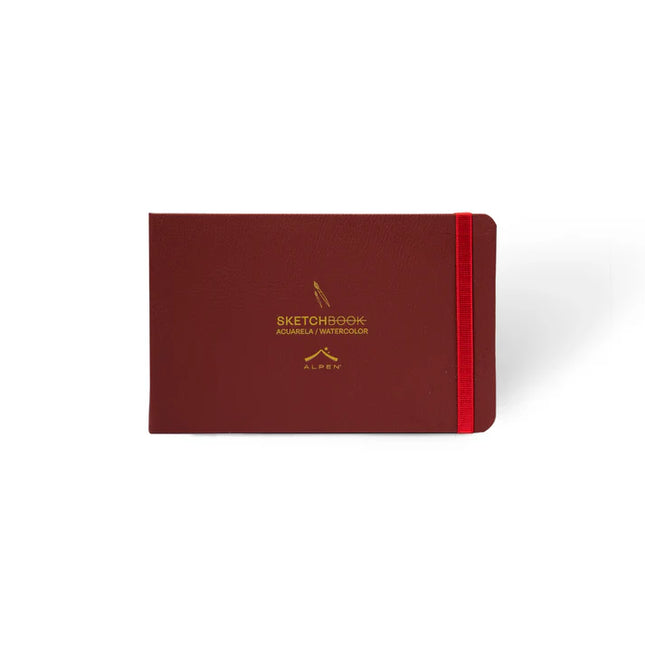 Portada Sketchbook Alpen Acuarela 22×14 cm color vinotinto, tapa dura con banda elástica roja, 24 hojas de 300 g para técnicas húmedas.