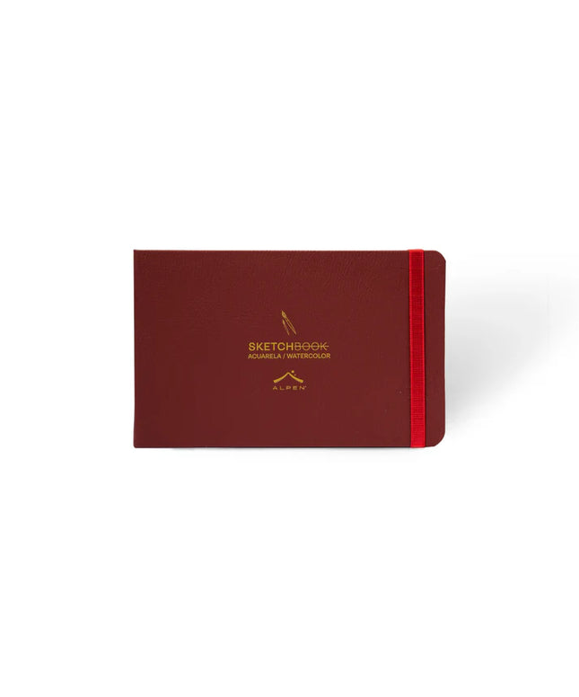 Portada Sketchbook Alpen Acuarela 22×14 cm color vinotinto, tapa dura con banda elástica roja, 24 hojas de 300 g para técnicas húmedas.