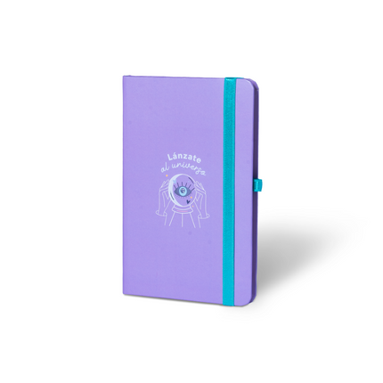 Portada Sketchbook Alpen 12×20 cm morado con tapa dura ilustrada “Lánzate al universo”, banda elástica turquesa y 84 hojas blancas.