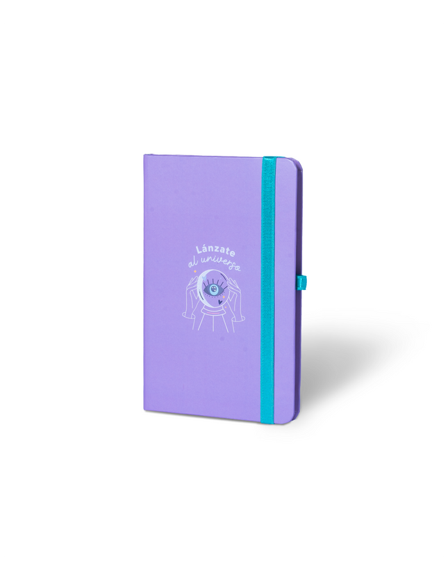 Portada Sketchbook Alpen 12×20 cm morado con tapa dura ilustrada “Lánzate al universo”, banda elástica turquesa y 84 hojas blancas.