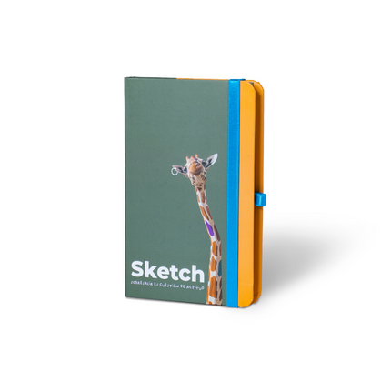 Sketchbook Alpen 12×20 cm con tapa dura ilustrada de jirafa colorida, banda elástica azul y 84 hojas blancas.