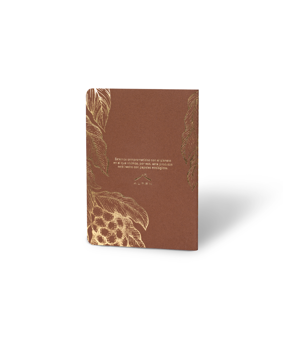Contraportada Libreta Econotas Alpen 15×21 cm color café con ilustraciones de ramas en foil cobre y 32 hojas ecológicas cosidas en hilo.
