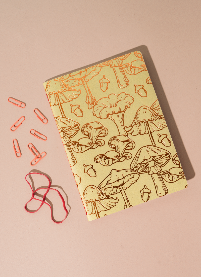 Libreta Econotas Alpen 15×21 cm color oliva, portada con estampado en foil cobre, 32 hojas ecológicas cosidas en hilo.