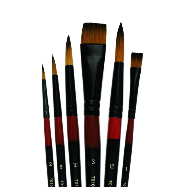 Set de 6 pinceles de nylon mixto Giotto con diferentes formas y tamaños, ideales para acrílico, acuarela, témpera y técnicas mixtas.