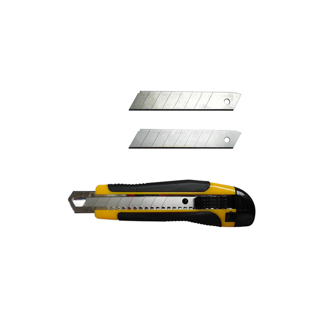 Bisturí industrial Giotto con riel metálico reforzado y cuchilla ancha para cortes en cartón, PVC y foam board.