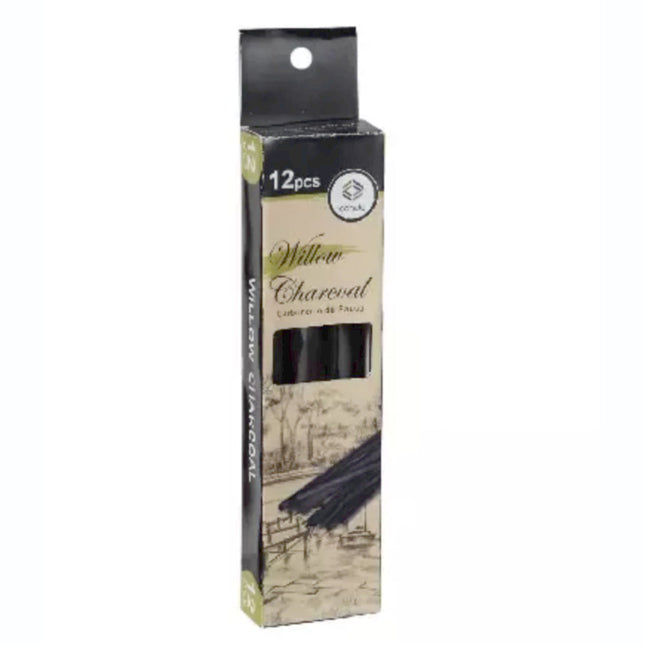 Caja Set de 12 barras de carboncillo Charcoal para dibujo artístico, ideales para trazos intensos, sombreados y efectos realistas en papel.