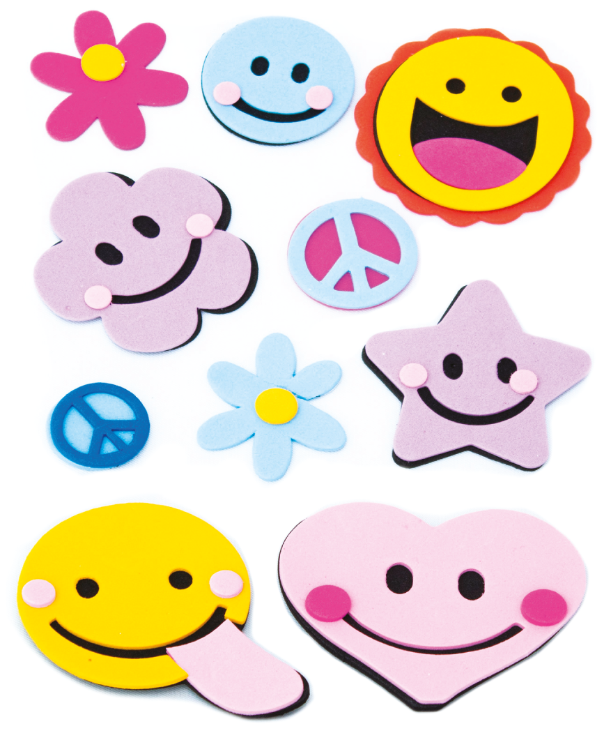 Figuras adhesivas de foamy Evacolor con caritas sonrientes, estrellas, flores y corazones en colores surtidos.