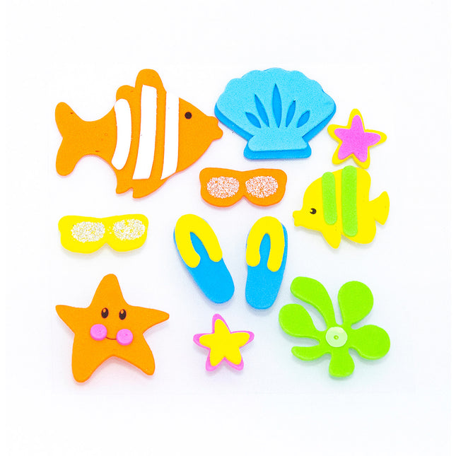Figuras adhesivas de foamy Evacolor con diseños de acuario como peces, estrella de mar y concha para manualidades y decoración.
