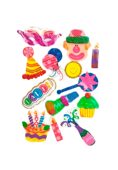 Figuras adhesivas de foamy Evacolor con diseños de cumpleaños como pasteles, globos, gorros y velas para decoración de manualidades.