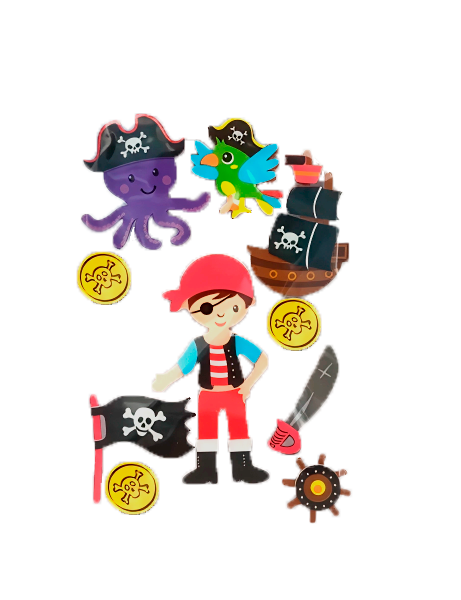 Figuras adhesivas de foamy Evacolor con temática pirata: niño pirata, barco, loro, monedas y accesorios en colores surtidos.