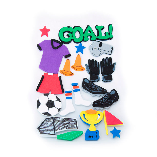 Figuras adhesivas de foamy Evacolor con temática de deportes: balón, camiseta, guayos, guantes, trofeo y accesorios de fútbol.