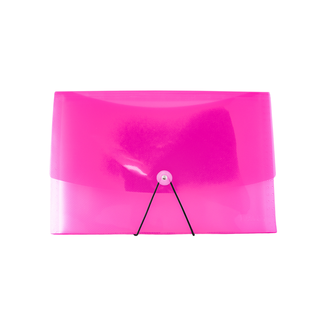 Carpeta fuelle rosado fucsia tamaño oficio con 13 divisiones plásticas para organizar documentos, facturas y contratos.