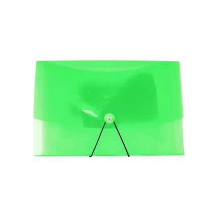 Carpeta fuelle verde tamaño oficio con 13 divisiones plásticas para organizar documentos, facturas y contratos.