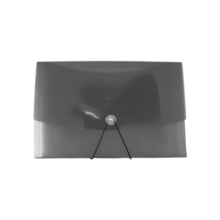 Carpeta fuelle gris humo tamaño oficio con 13 divisiones plásticas para organizar documentos, facturas y contratos.