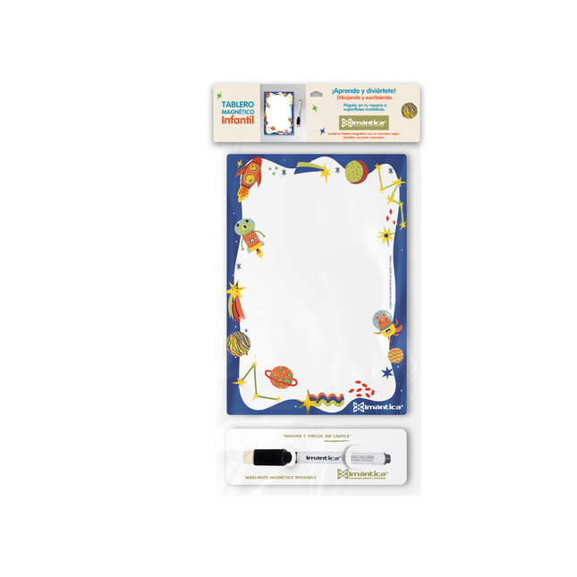 Tablero magnético infantil Imántica azul con diseño espacial de planetas y cohetes, incluye marcador borrable con borrador.