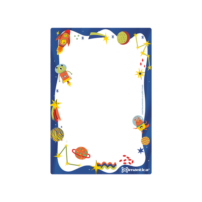 Tablero magnético infantil Imántica azul con diseño espacial de planetas y cohetes, incluye marcador borrable con borrador.
