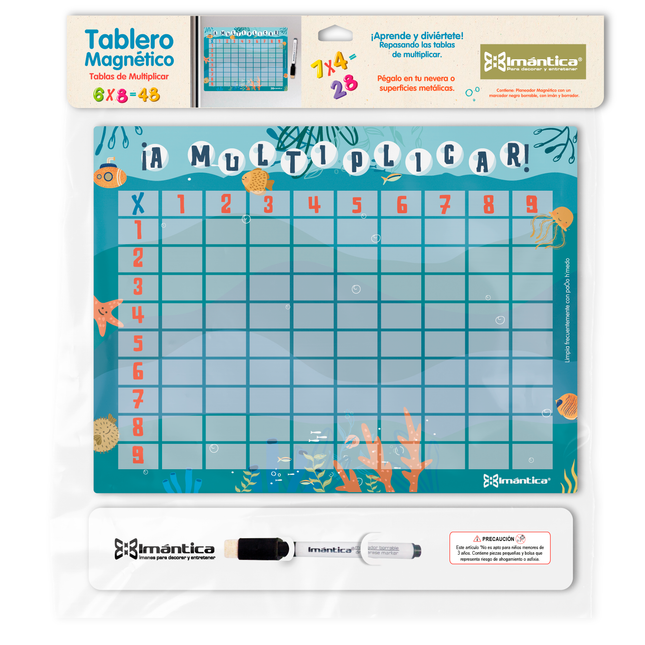Tablero magnético Imántica de tablas de multiplicar 6×9 con diseño marino y marcador borrable incluido.