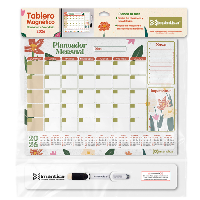 Planeador y calendario magnético Imántica 2026 con diseño floral, espacios para días del mes, notas e importante, incluye marcador borrable.