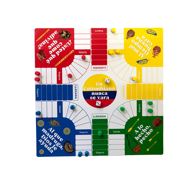 Tablero magnético de Parqués Imántica con diseño colombiano, fichas de colores y dado incluidos.