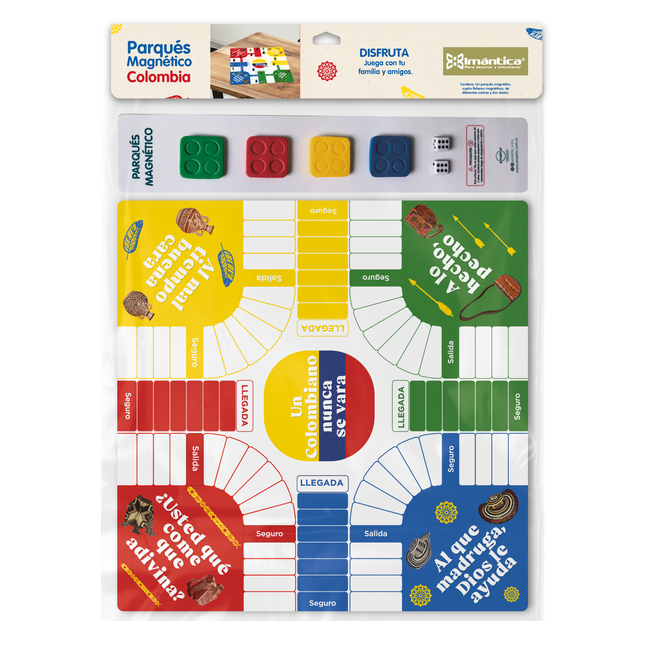 Tablero magnético de Parqués Imántica con diseño colombiano, fichas de colores y dado incluidos.