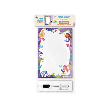 Tablero magnético infantil Imántica morado con marco de sirenas y fondo marino, incluye marcador borrable con borrador.