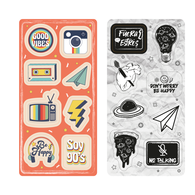 Stickers removibles Imántica estilo retro 90’s con casete, TV vintage, cámara y frases coloridas.
Y en blanco y negro con pizza cósmica, planeta, avión de papel y frases creativas.
