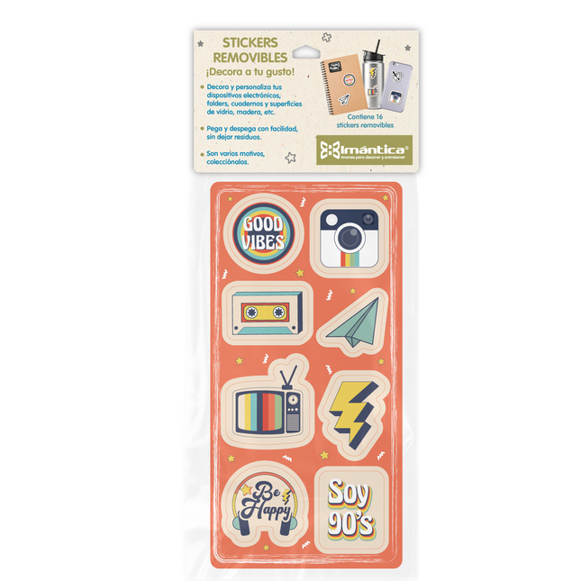 Stickers removibles Imántica estilo retro 90’s con casete, TV vintage, cámara y frases coloridas.