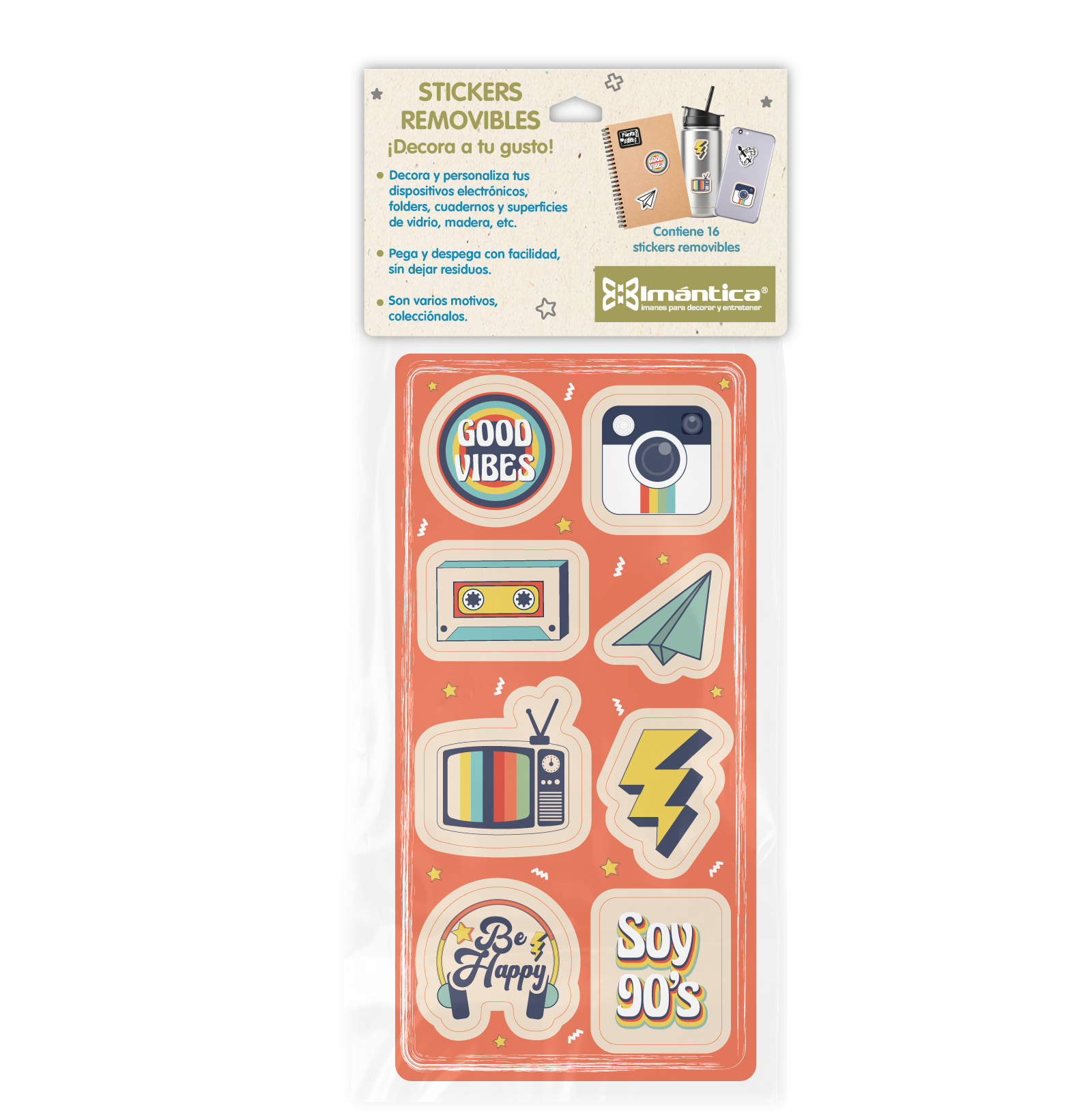 Stickers removibles Imántica estilo retro 90’s con casete, TV vintage, cámara y frases coloridas.