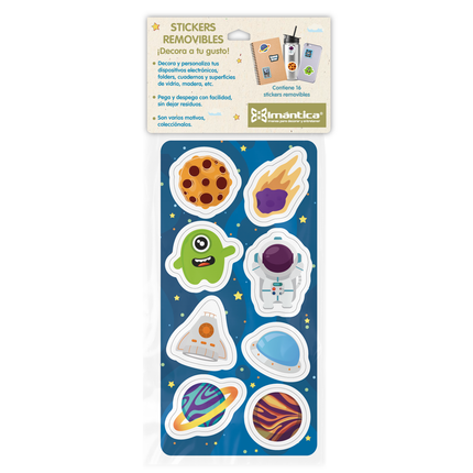 Set de 16 stickers removibles Imántica motivo espacial con planetas, astronauta, cohete y alien sobre fondo azul.
