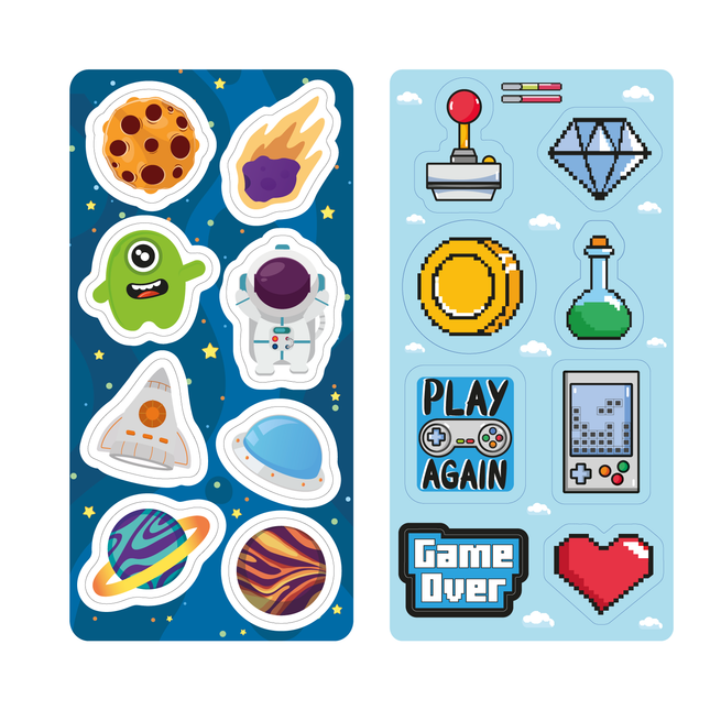 Stickers removibles Imántica con diseños espaciales: astronauta, cohete, planeta, alien y meteorito.
Y gamer retro: joystick, diamante, poción, consola, corazón pixelado y frases “Play Again” y “Game Over”.