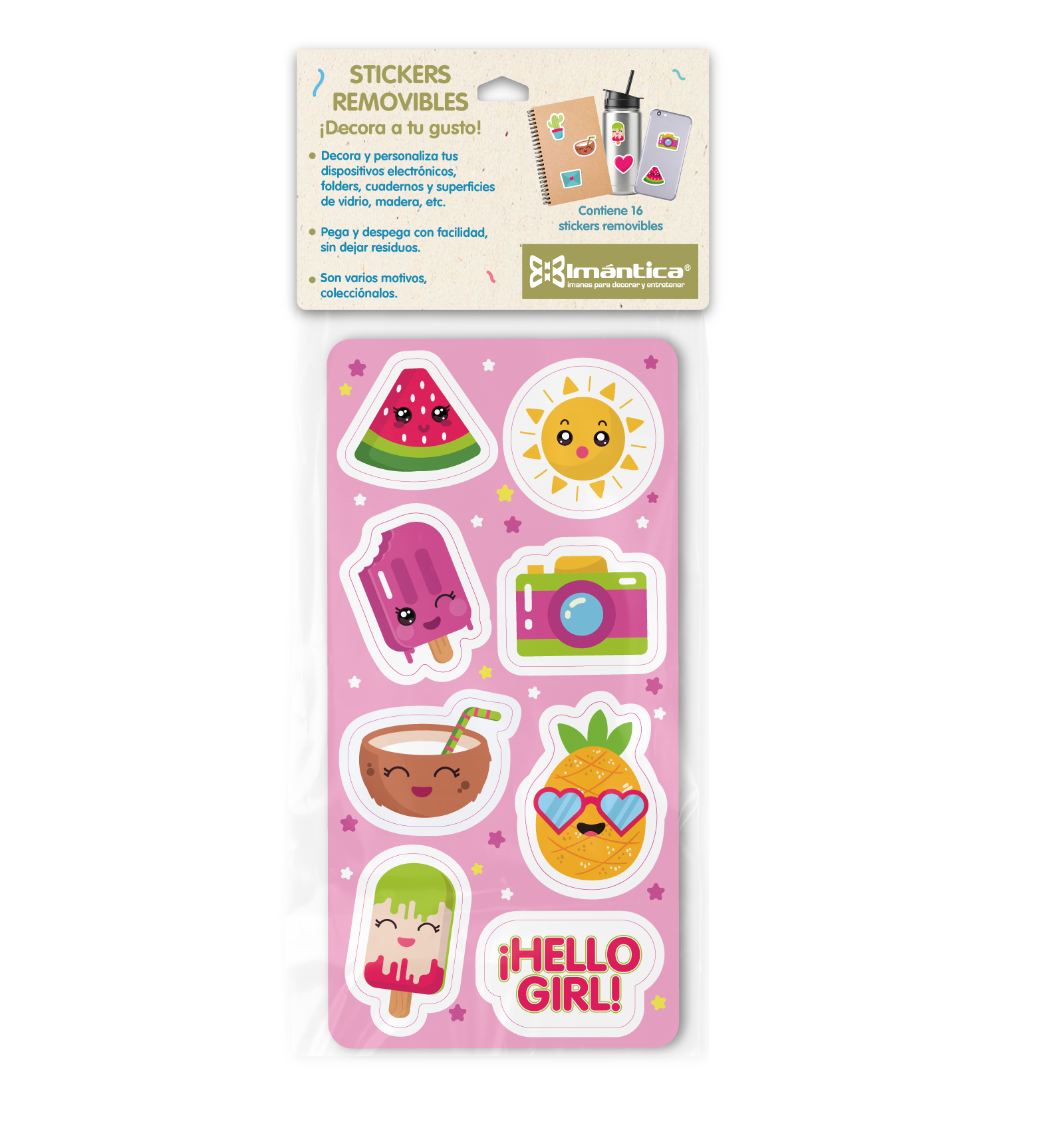 Stickers removibles Imántica con helados, frutas sonrientes, cámara y frase “Hello Girl”.