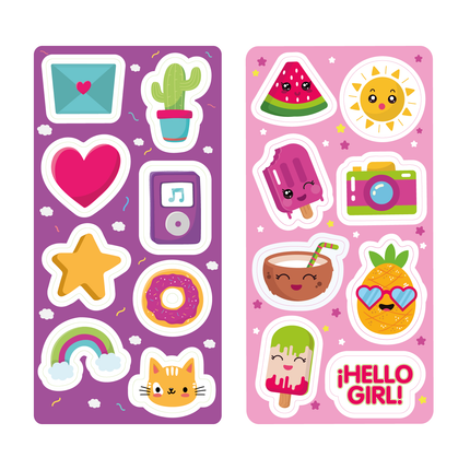 Stickers removibles Imántica con diseños cute: gato, arcoíris, corazón, estrella, donut, cactus, carta, helados, frutas sonrientes, cámara y frase “Hello Girl”.