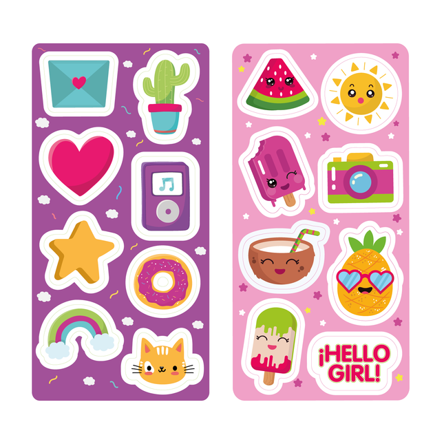 Stickers removibles Imántica con diseños cute: gato, arcoíris, corazón, estrella, donut, cactus, carta, helados, frutas sonrientes, cámara y frase “Hello Girl”.