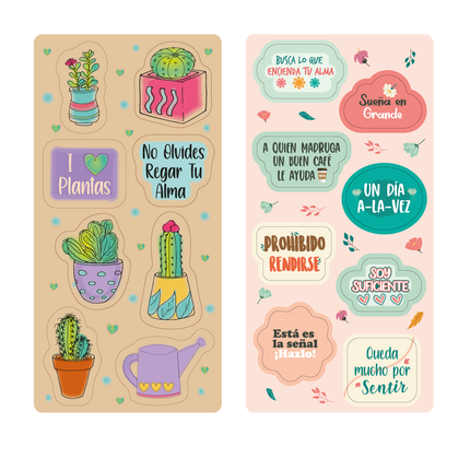 Stickers removibles Imántica con cactus, macetas, regadera y frases sobre el cuidado del alma, con frases motivacionales como “Prohibido rendirse” y “Un día a la vez”.