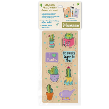Stickers removibles Imántica con cactus, macetas, regadera y frases sobre el cuidado del alma.