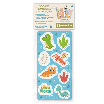 Stickers removibles Imántica con diseños de dinosaurios y huellas fósiles.