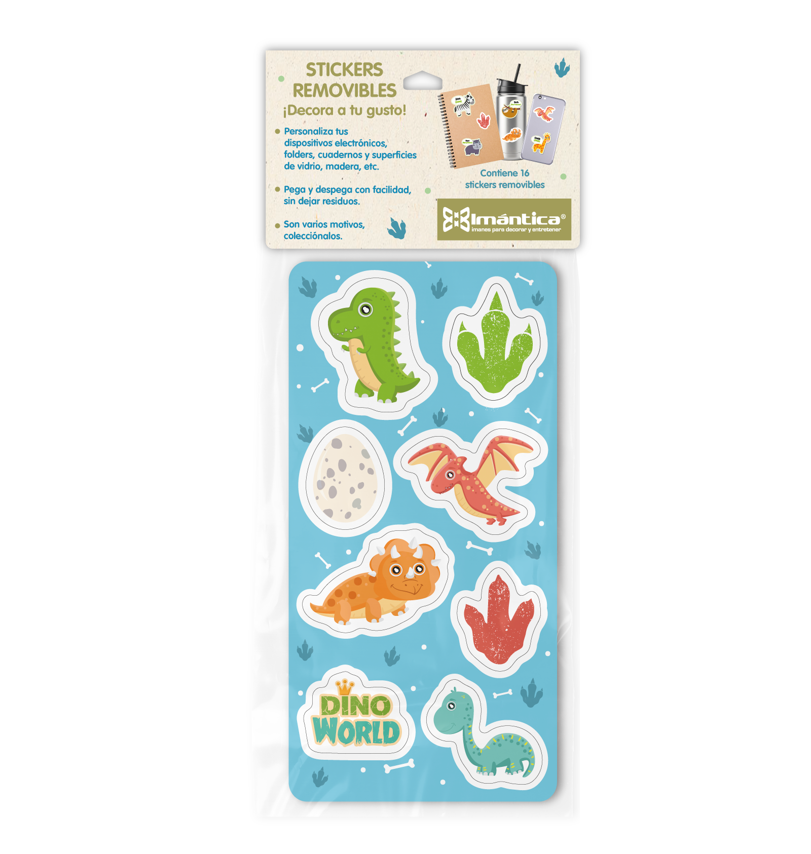 Stickers removibles Imántica con diseños de dinosaurios y huellas fósiles.