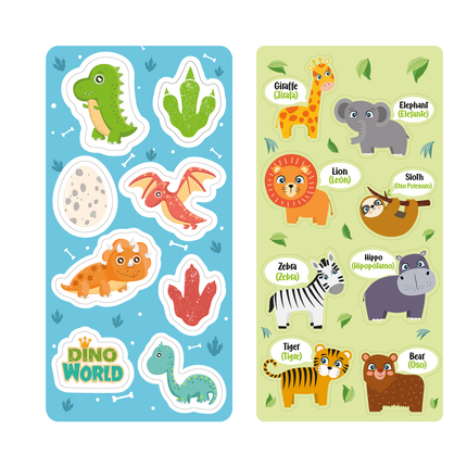 Stickers removibles Imántica con diseños de dinosaurios y huellas fósiles.
y con animales de la selva: león, jirafa, elefante, tigre, oso, hipopótamo, cebra y oso perezoso.