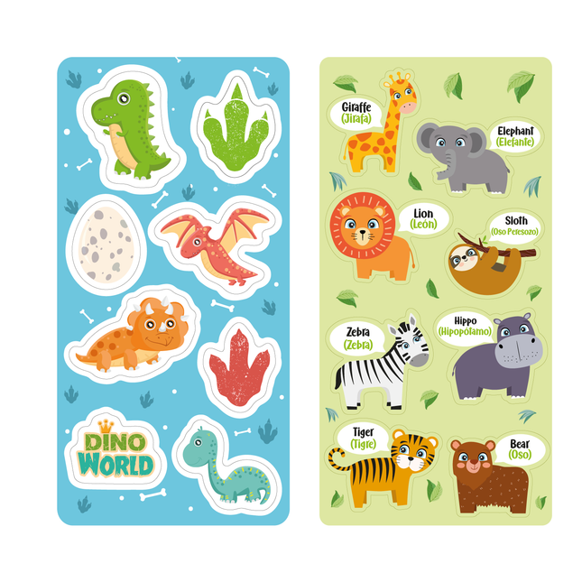Stickers removibles Imántica con diseños de dinosaurios y huellas fósiles.
y con animales de la selva: león, jirafa, elefante, tigre, oso, hipopótamo, cebra y oso perezoso.