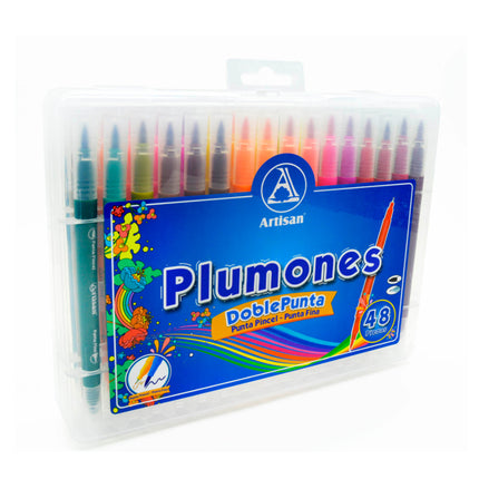 Caja de 48 plumones Artisan doble punta, con punta pincel y fina en tonos vibrantes, presentados en estuche portátil.
