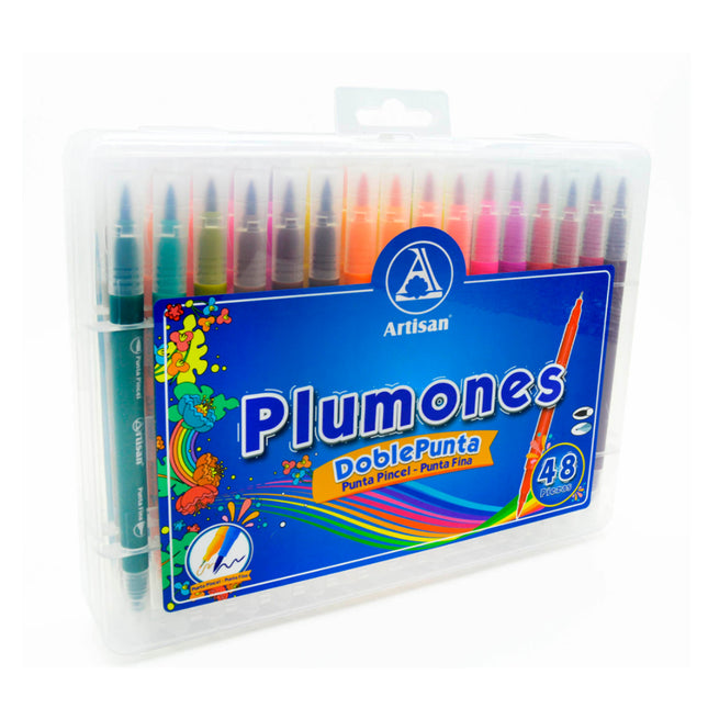 Caja de 48 plumones Artisan doble punta, con punta pincel y fina en tonos vibrantes, presentados en estuche portátil.