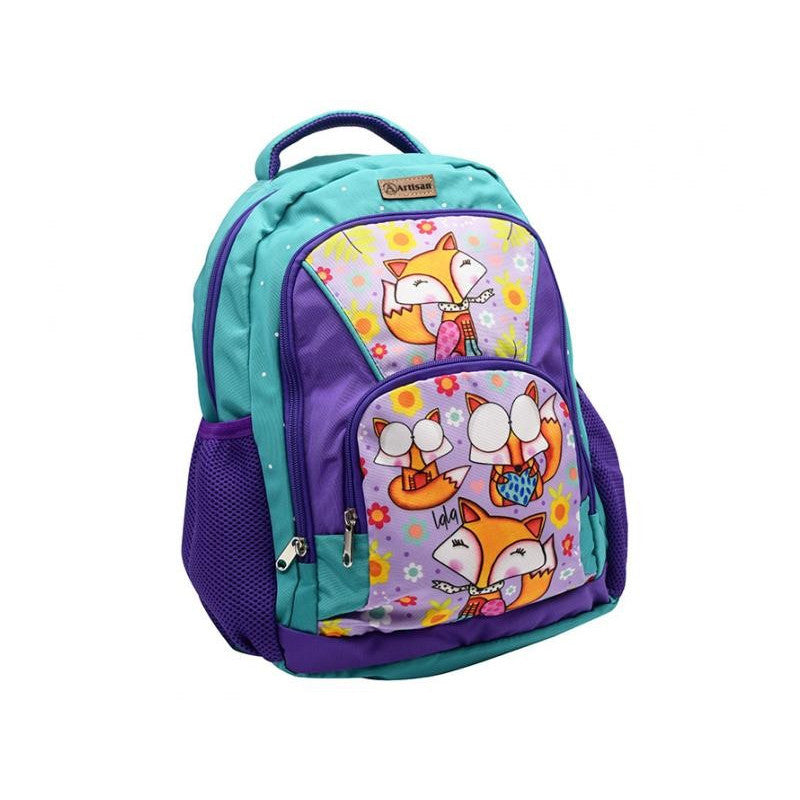 Mochila escolar Lala Artisan con estampado colorido, tirantes acolchados y compartimientos para libros y útiles escolares.
