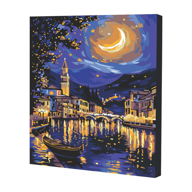 Kit de pintura por números Art Box con lienzo de Venecia 40×50 cm montado en bastidor, pinturas acrílicas, pinceles y caja‑caballete lista para pintar.